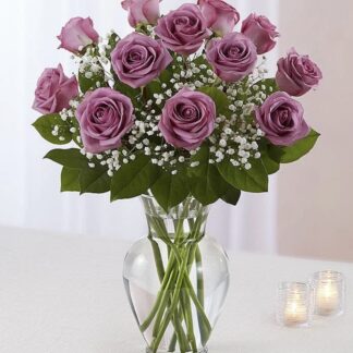 One Dozen Long Stem Purple Roses with Baby's Breath
