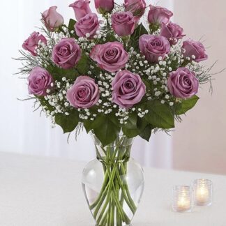 Elegance 18 Long Stem Purple Roses with Baby's Breath